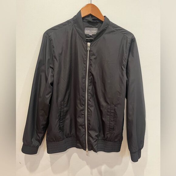 Slate and Stone Men’s Large Black  Windbreaker Silver Zip Up Jacket Coat Top - Picture 4 of 10
